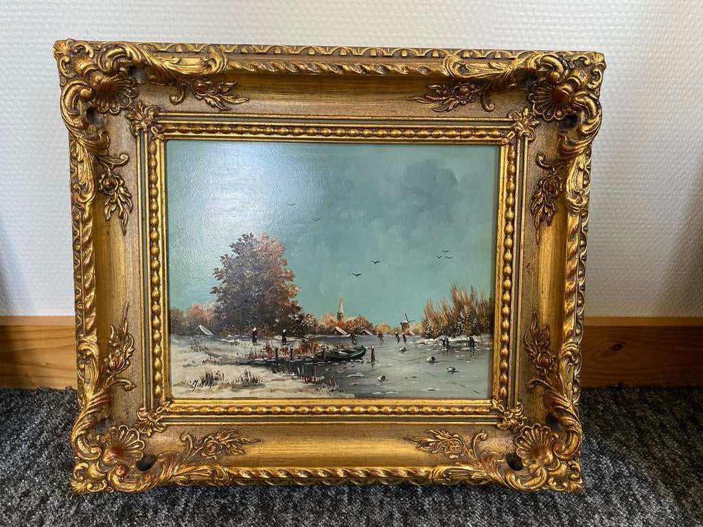 Schilderij J. Kok - Hollands winterlandschap op hout, Antiek en Kunst, Kunst | Schilderijen | Klassiek, Ophalen
