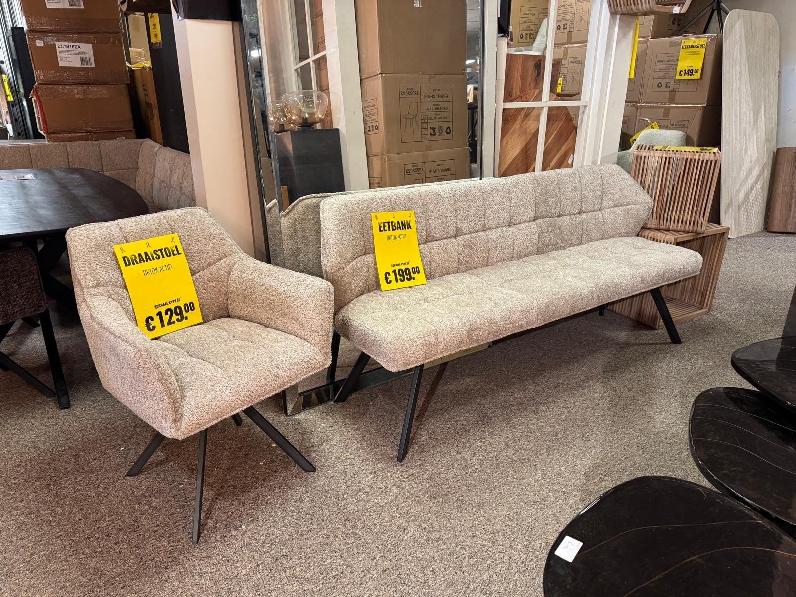 Eetkamerbank Bouclé Zandkleur - Nieuw in voorraad!, Ophalen, Overige kleuren, Modern, Bouclé, Nieuw