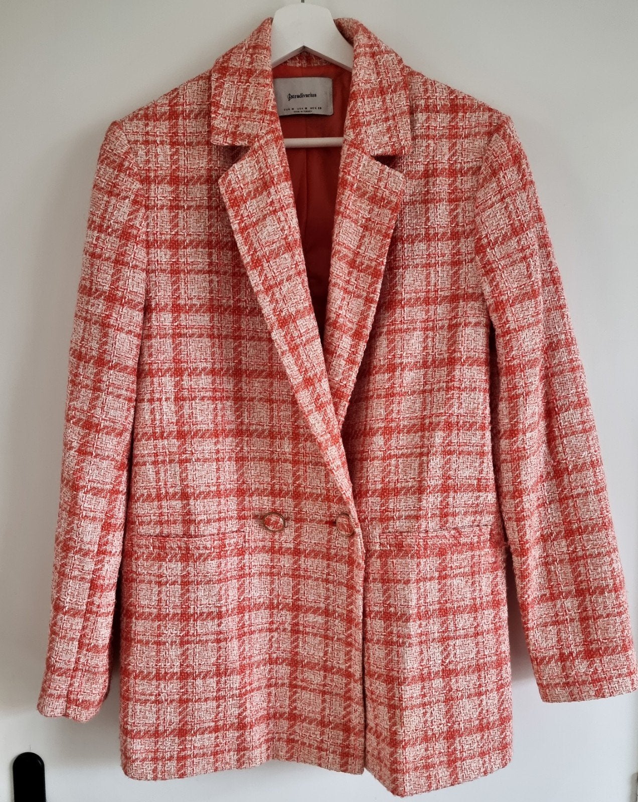 Stradivarius geruite blazer in rood/koraal en wit maat M, Maat 38/40 (M), Ophalen of Verzenden, Zo goed als nieuw, Stradivarius
