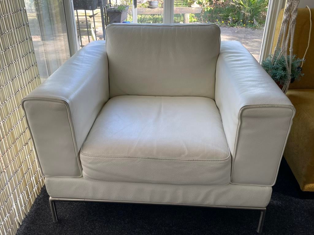 Witte leren fauteuil, Huis en Inrichting, Ophalen, Gebruikt, 75 tot 100 cm, Leer
