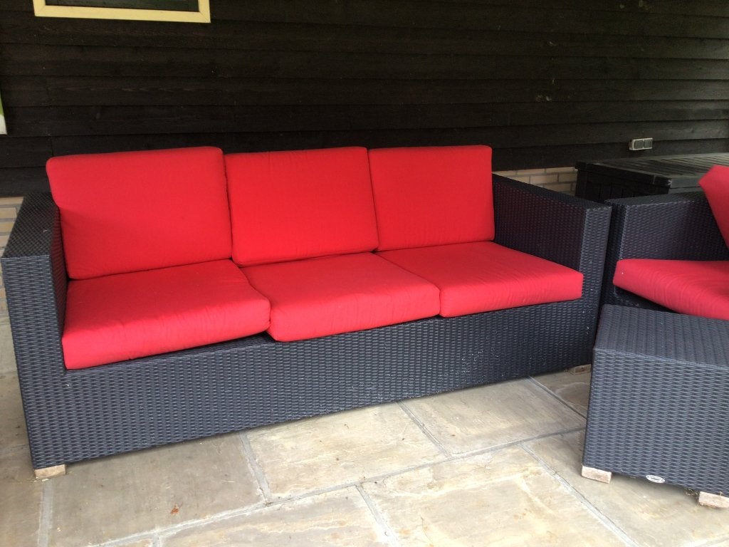 Lounge set met rode kussens, Tuin en Terras, Tuinsets en Loungesets, Ophalen, 5 zitplaatsen, Kunststof, Loungeset