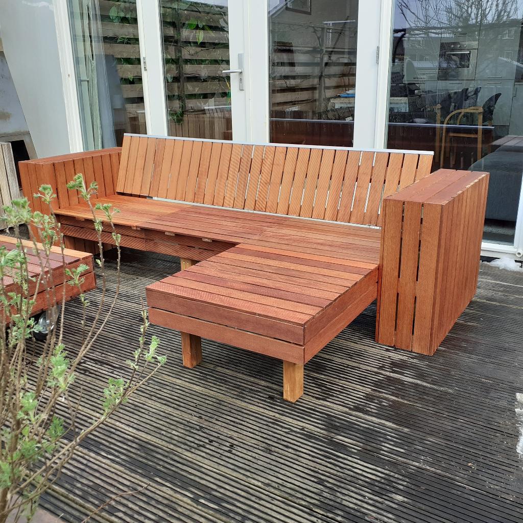 Hardhouten design tuinbank met chaise longue op maat, Ophalen, Nieuw, Teakhout