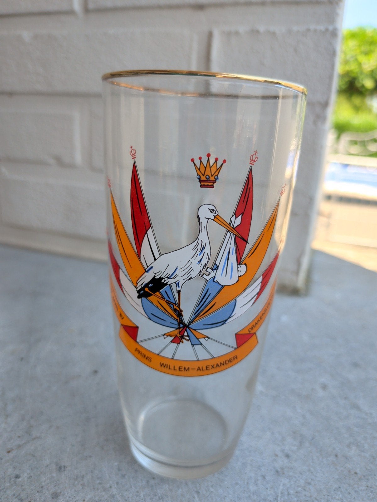 Vintage Willem-Alexander Geboorteglas Ooievaar, Ophalen of Verzenden