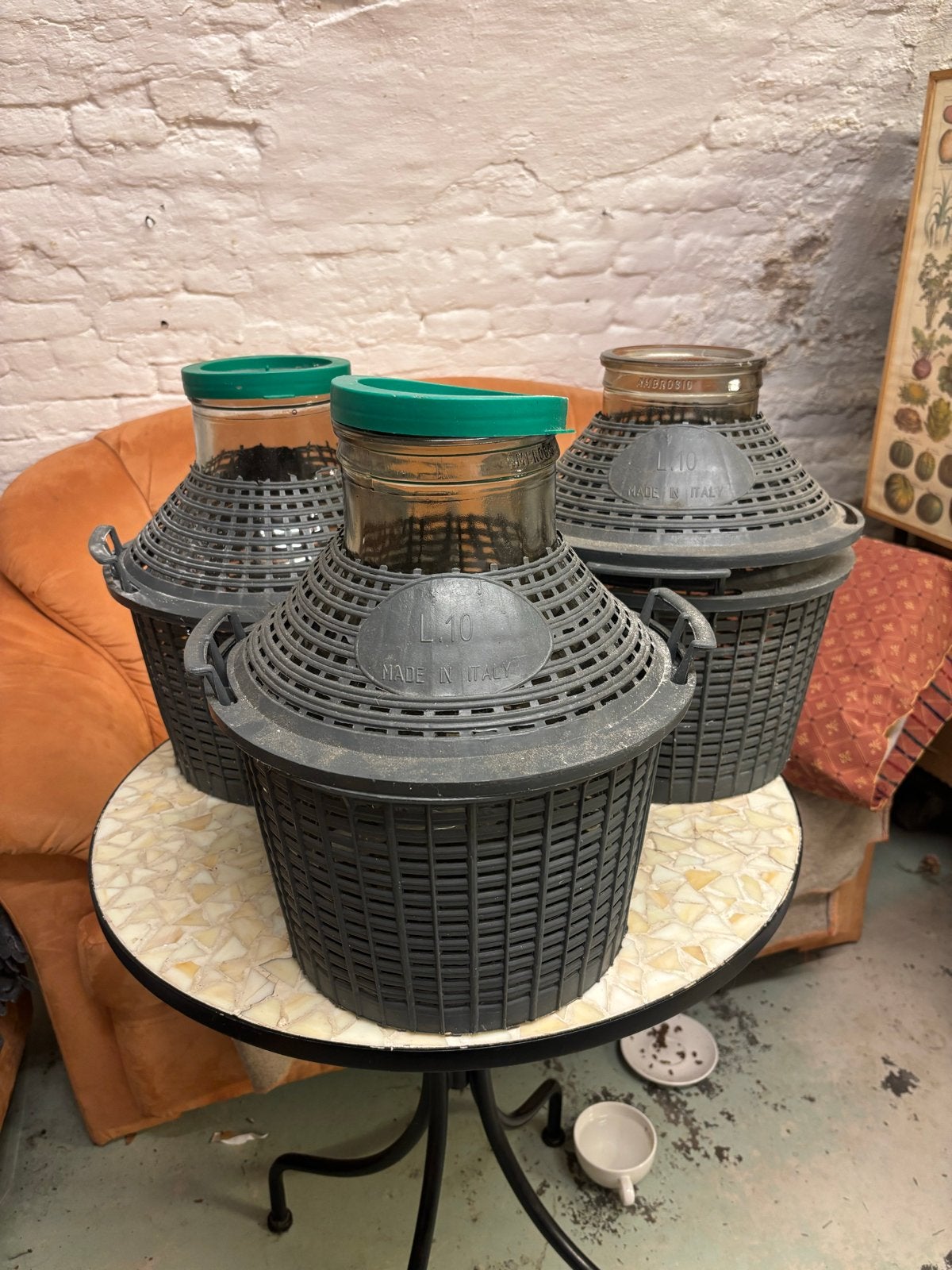 Set van 3 Vintage Italiaanse Demijohns/Mandflessen, Ophalen, Gebruikt, Grijs, Glas