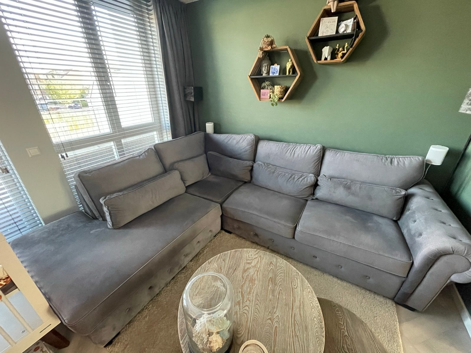 Grijze stoffen hoekbank 305x245 cm, Huis en Inrichting, Ophalen, Gebruikt, Stof