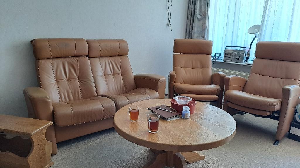 Leren bankstel met 2 stoelen, Ophalen, Gebruikt, Tweepersoons, Rechte bank