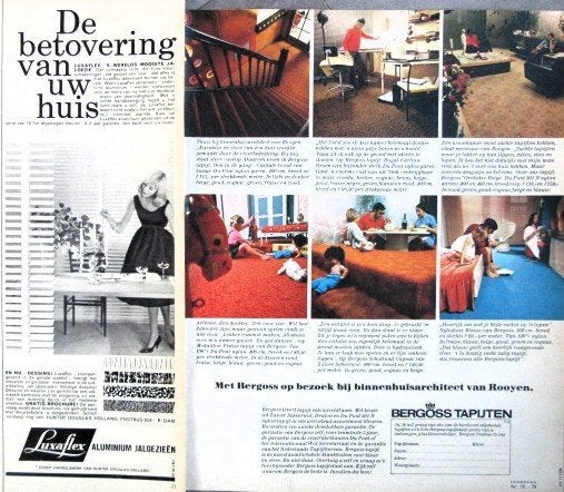 29 vintage advertenties interieur 57-71 meubels tapijt vloer, Ophalen of Verzenden, Zo goed als nieuw, Reclamebord