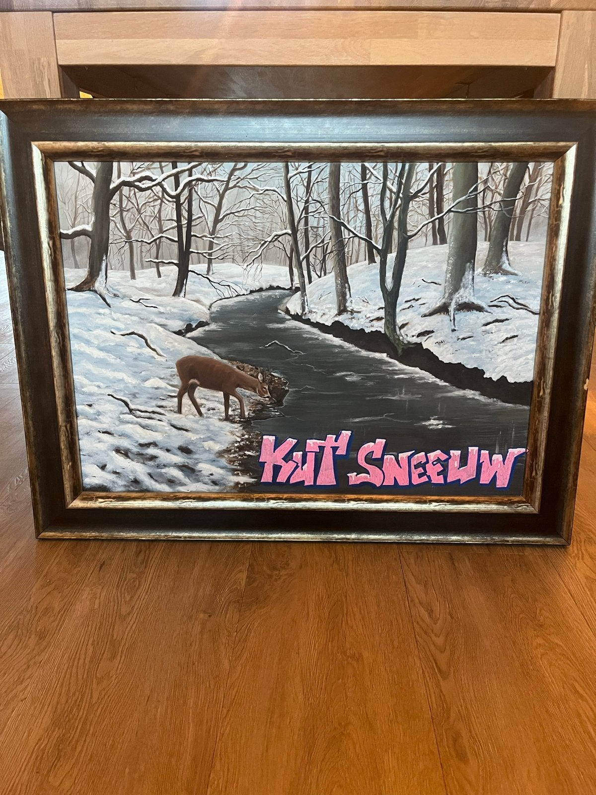 Graffiti kunst op schilderij: 'Kut Sneeuw' in winterlandscha, Antiek en Kunst, Landschap, Hout, Ophalen of Verzenden, Ingelijst