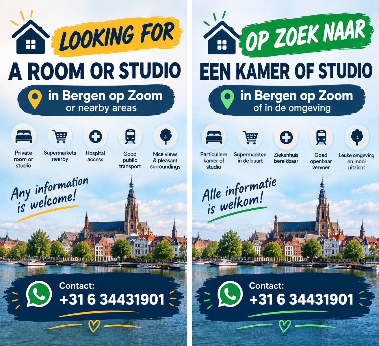 op zoek naar een kamer of studio