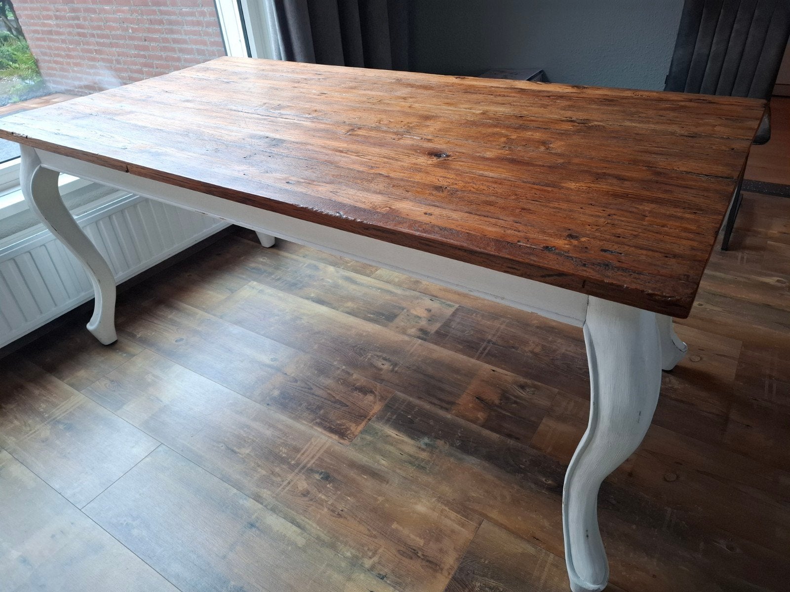 Mooie teakhouten eettafel met sierlijke poten, Ophalen, Gebruikt, Teakhout, 200 cm of meer