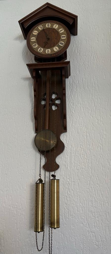 Antieke houten hangklok met gewichten, Antiek en Kunst, Ophalen