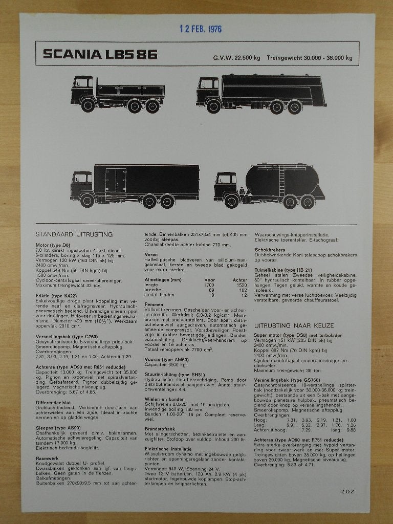 Scania LBS86 Specificatie Brochure 1975 LBS 86 6x2, Gelezen, Ophalen of Verzenden, Overige merken, Scania