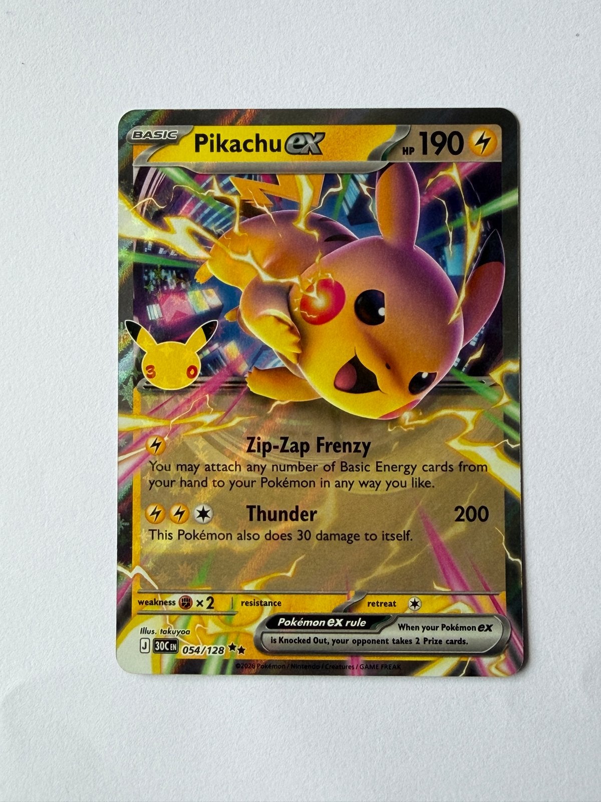 Pikachu EX 054/128 30th Celebrations Pokémon Kaart, Ophalen of Verzenden, Zo goed als nieuw, Losse kaart