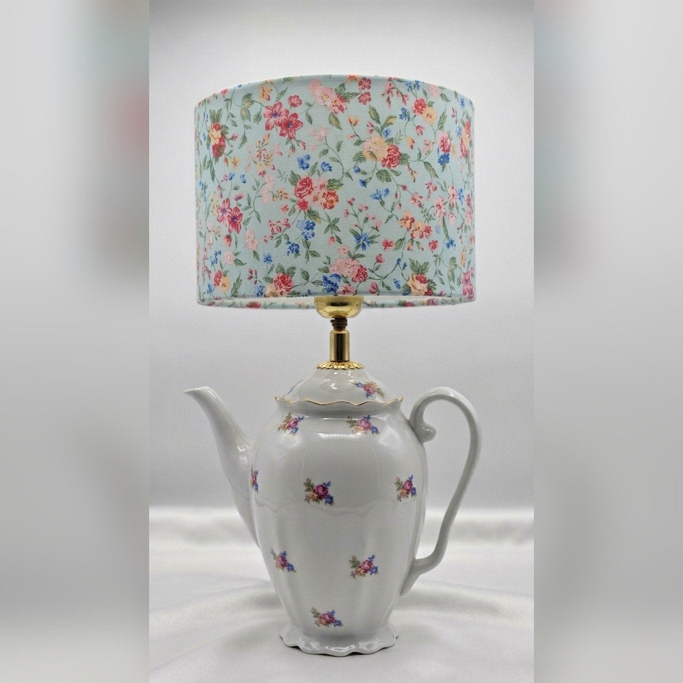 Unieke Vintage Theepotlamp met Handgemaakte lampenkap, Huis en Inrichting, Ophalen of Verzenden, Sfeerlamp, Handgemaakt, Vintage