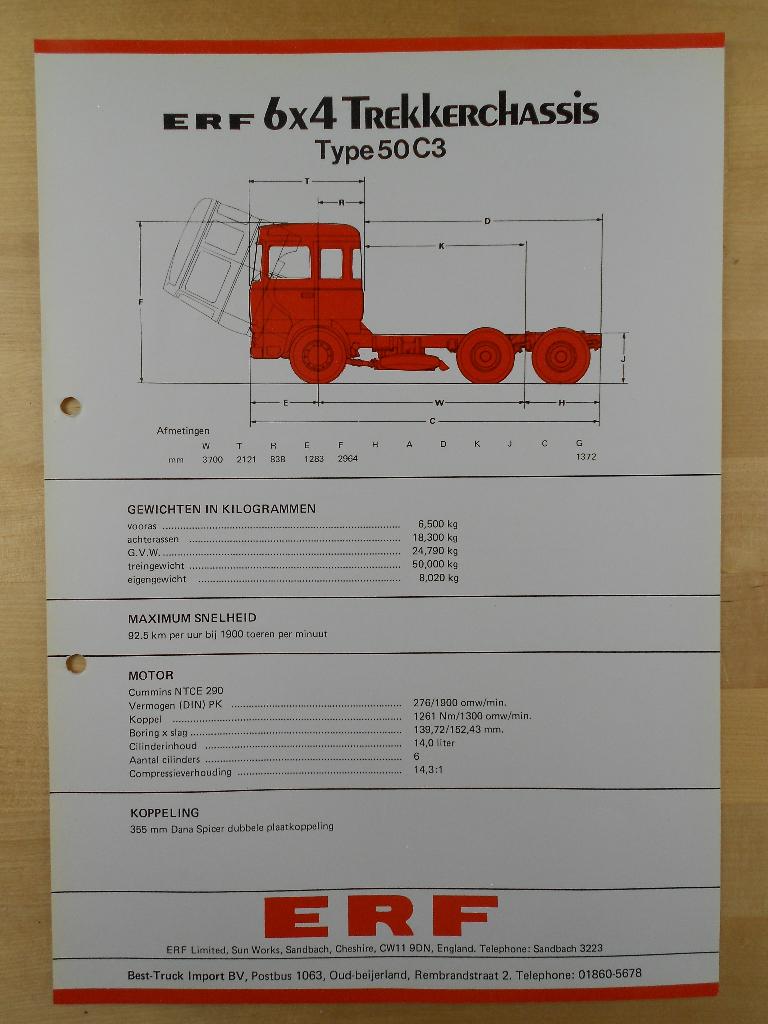 ERF 50 C3 6x4 Technische Specificatie Brochure 1978, Ophalen of Verzenden, Zo goed als nieuw, Overige merken, ERF