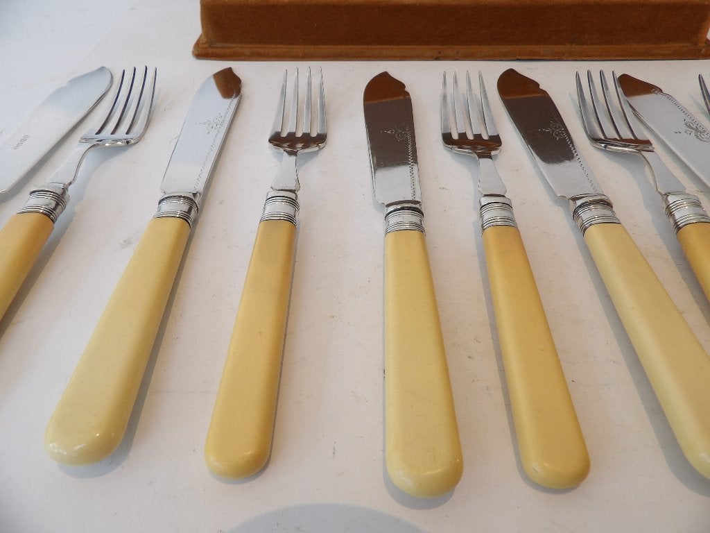 Gaaf Engels Art Deco Vis/Dessert Bestek, 6-persoons, Doos, Antiek en Kunst, Antiek | Bestek, Ophalen of Verzenden