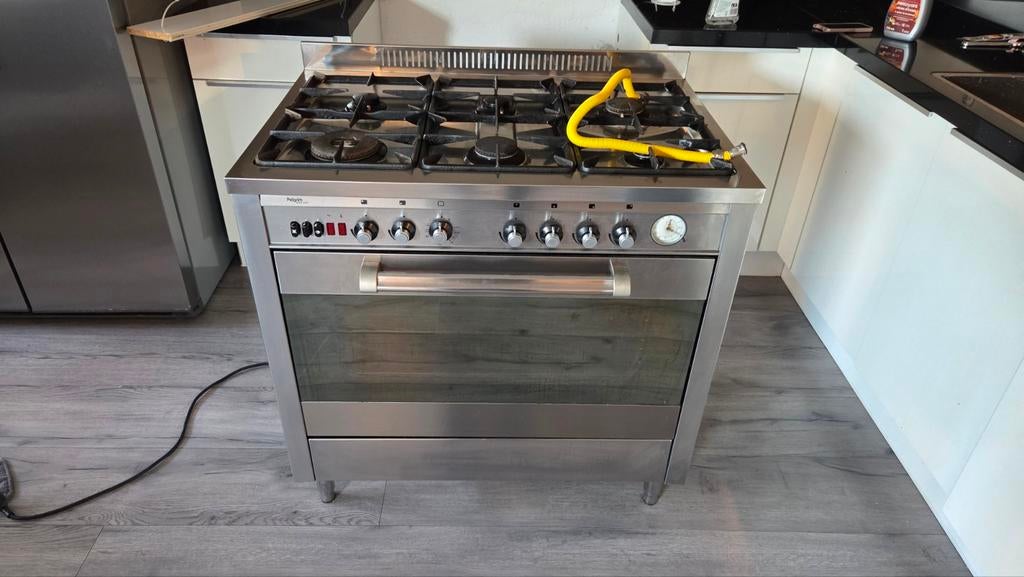 Pelgrim 90 cm gasfornuis - RVS, 6 pitten, oven, Gebruikt, 60 cm of meer, Ophalen of Verzenden, Gas