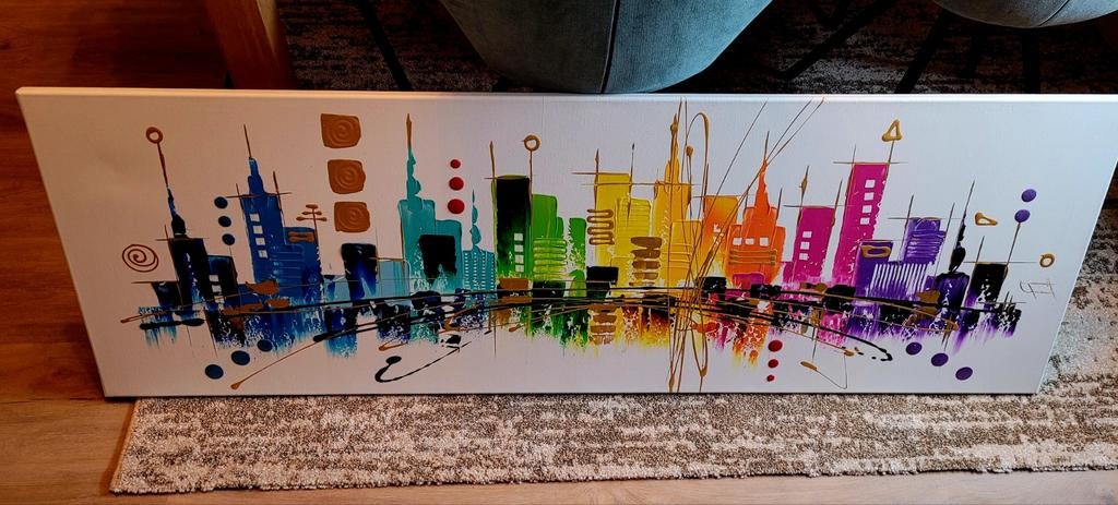 Kleurrijke Skyline Schilderij door Ines - 150x50 cm, Ophalen