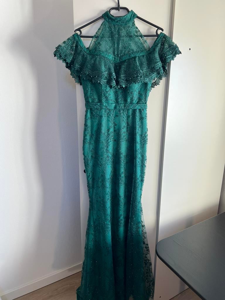 Groene galajurk met kant en glitters XS / S, Kleding | Dames, Gelegenheidskleding, Zo goed als nieuw, Galajurk, Maat 34 (XS) of kleiner