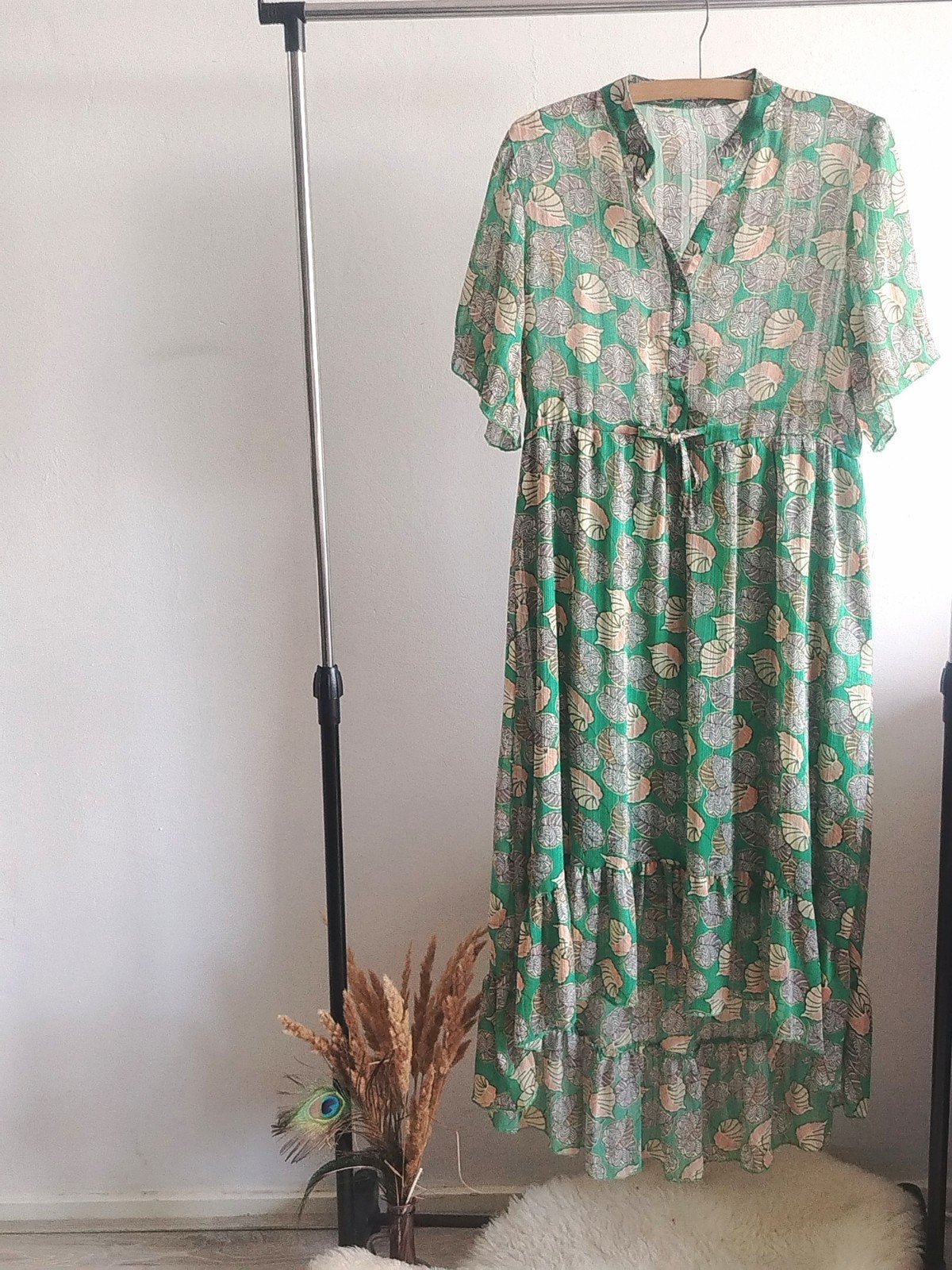 herfst kleuren floral schiffon groene Maxi Jurk met Bladprin, Maat 38/40 (M), Papillonne, Ophalen of Verzenden, Zo goed als nieuw
