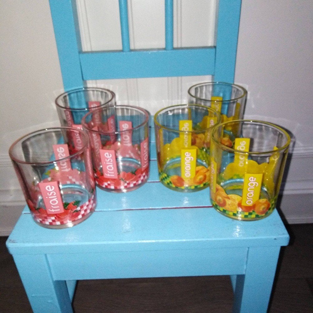 Limonade glazen met logo Fraise en Orange 6 stuks, Ophalen, Glas of Glazen, Gebruikt, Glas