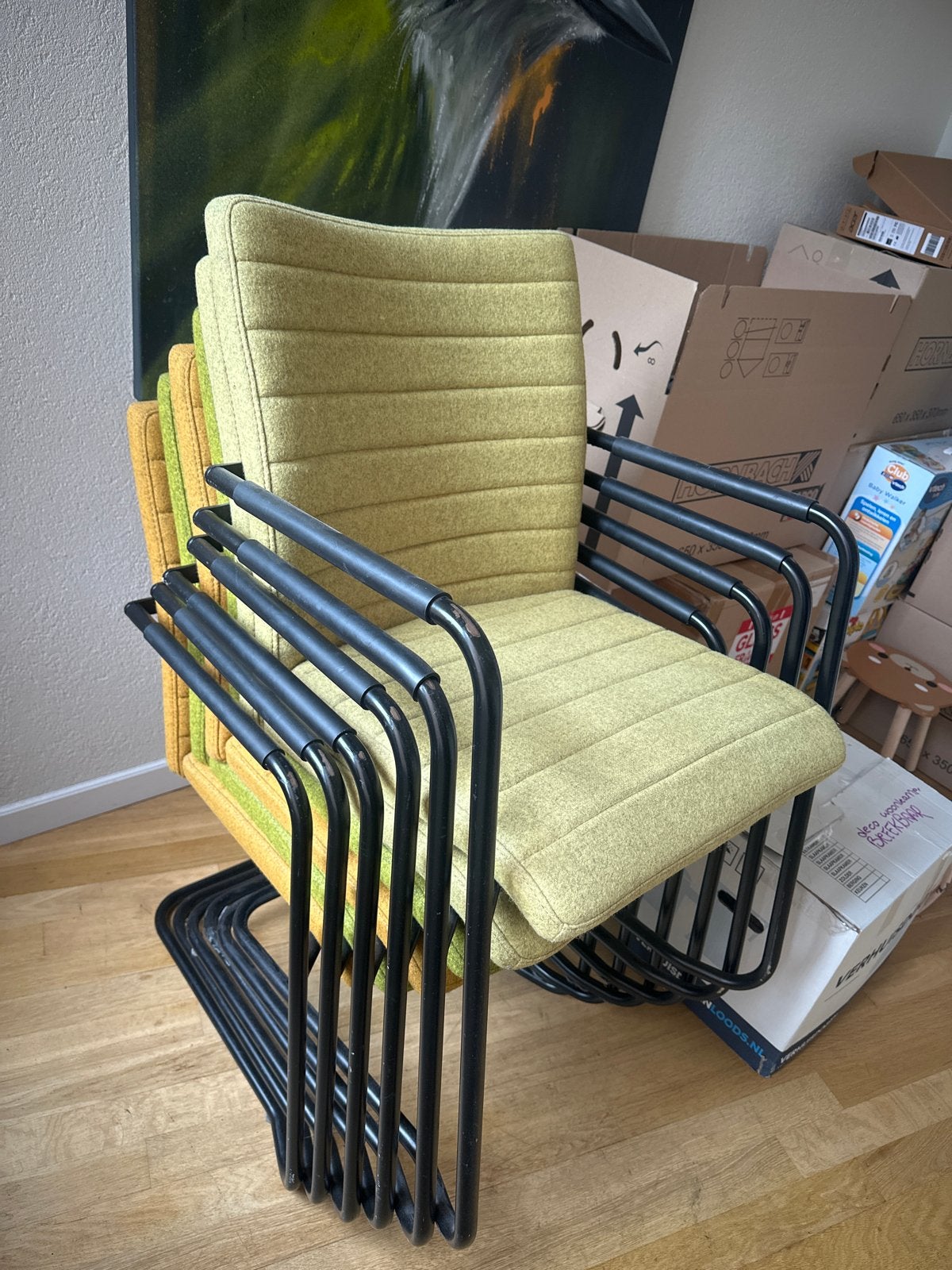 Set van 6 comfortabele stoelen met vering in okergeel/groen, Huis en Inrichting, Stoelen, Ophalen, Gebruikt, Overige kleuren, Stof