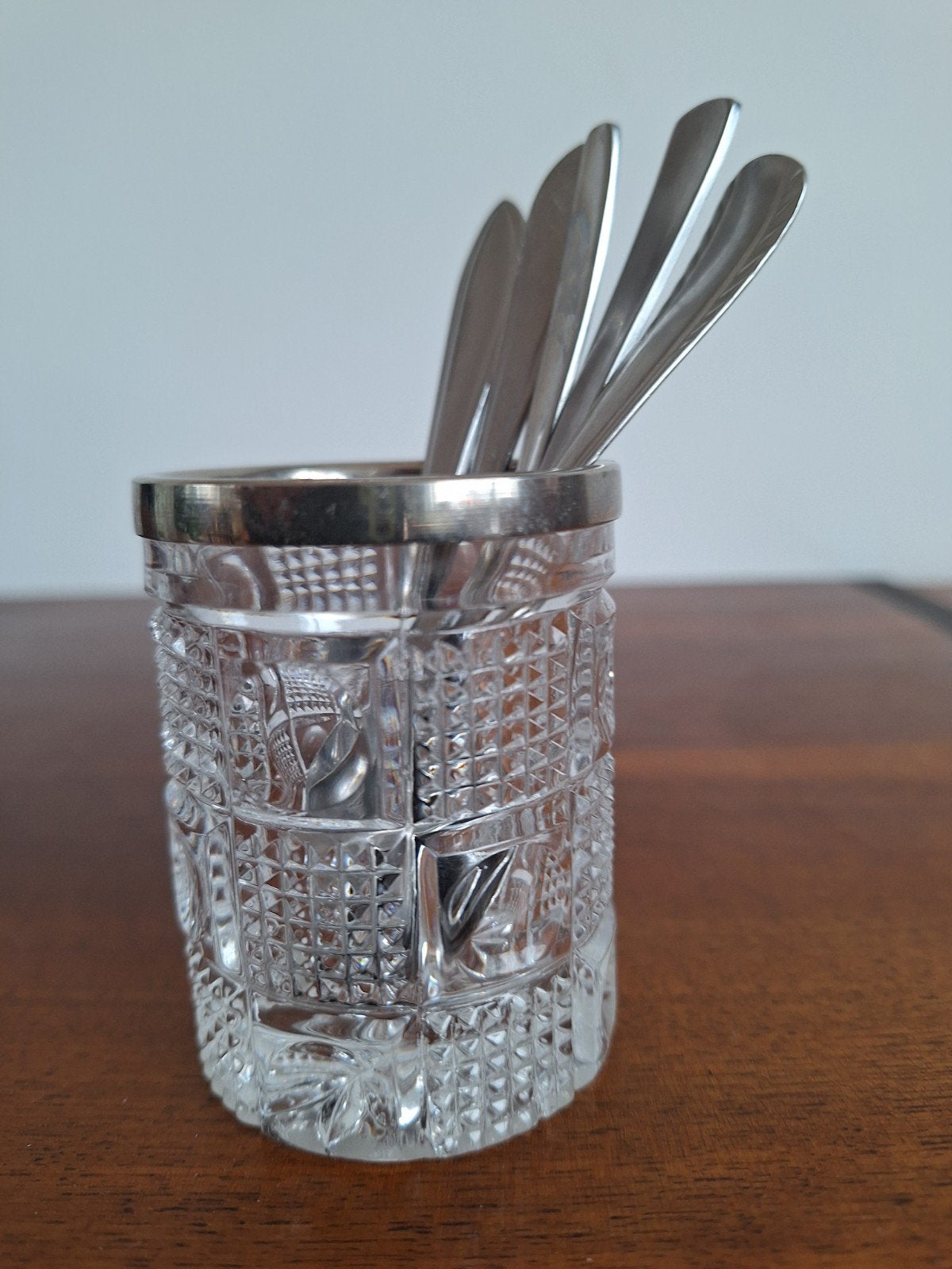 Vintage geslepen kristallen lepelvaasje, Antiek en Kunst, Ophalen of Verzenden