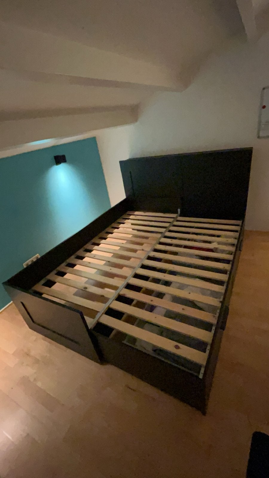 Ikea bed 160x 200 + achterwand, Ophalen, Zwart, Tweepersoons, 200 cm