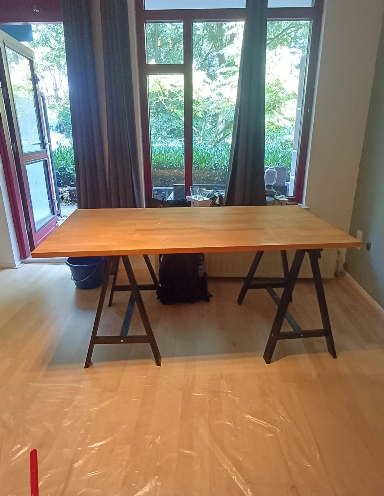 Grote houten tafel met schragen - Ideaal voor werk of diner, Ophalen, Gebruikt, 50 tot 100 cm, 150 tot 200 cm