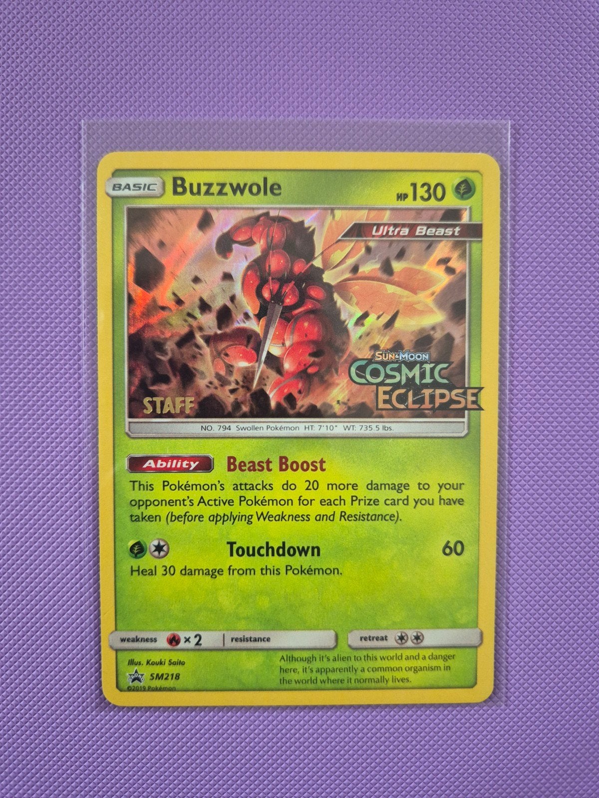 Pokémon Sun & Moon: STAFF Buzzwole met Cosmic Eclipse Stamp, Ophalen of Verzenden, Zo goed als nieuw, Losse kaart, Foil