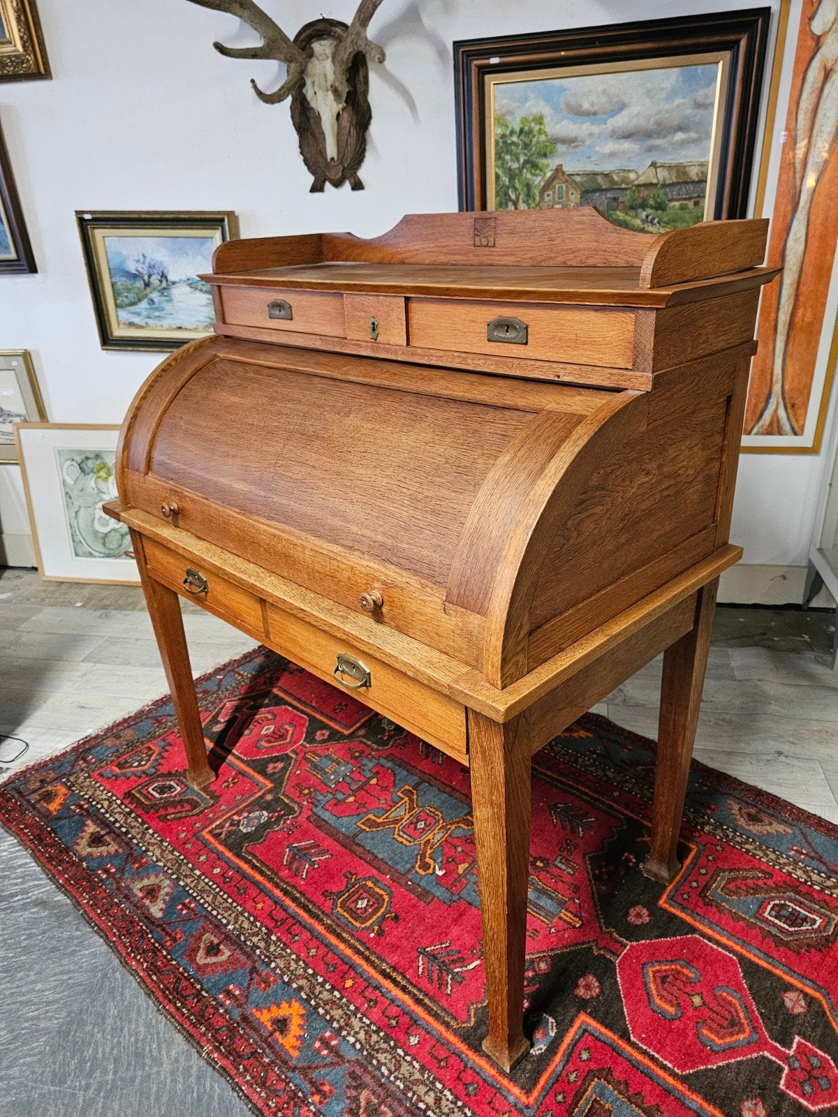 Antieke eikenhouten secretaire met rolluik - 125x110x63 cm, Met lades, Gebruikt, Hout, Secretaire