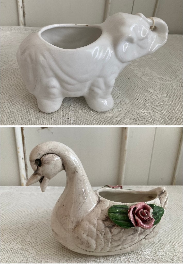 Brocante aardewerk plantenpotjes / olifantje - eendje, Ophalen