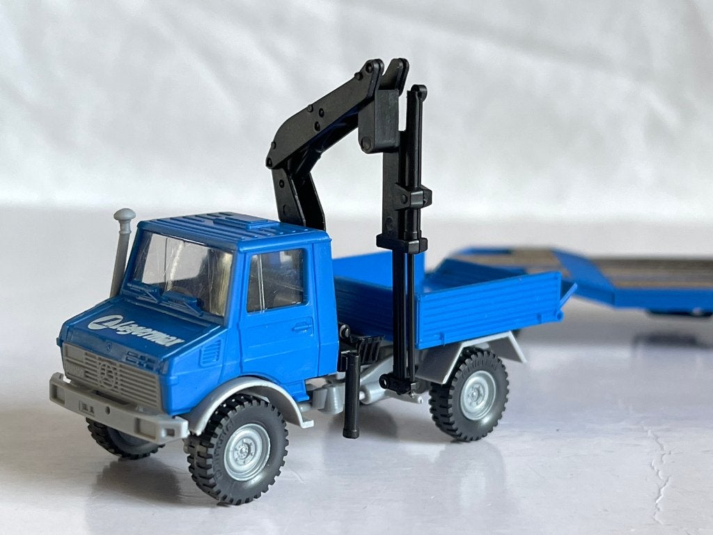Roco 2036: Unimog met Hiabkraan en dieplader "Lagermax", Ophalen of Verzenden, Zo goed als nieuw, Bus of Vrachtwagen, Roco