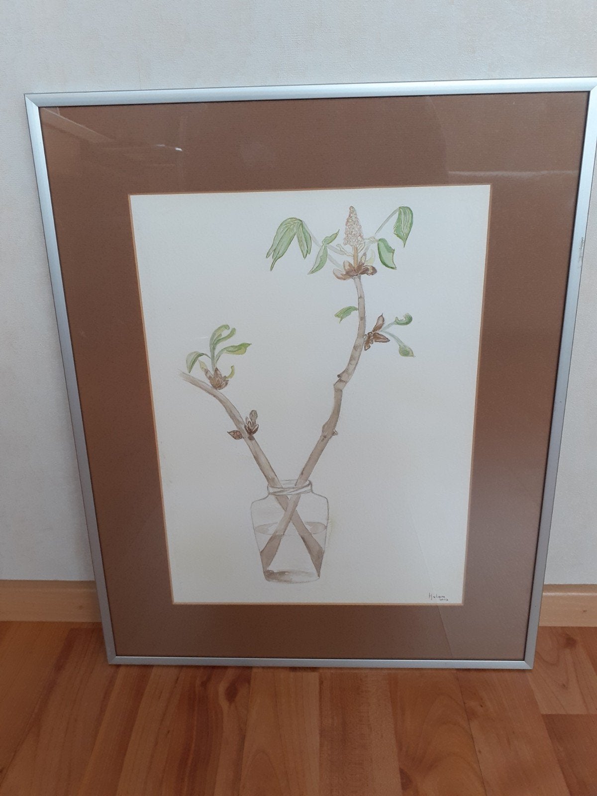 Aquarel van Kastanjetakken in Vaas - Ingelijst, Ophalen of Verzenden, Tekening, Aquarel, Met ophangsysteem