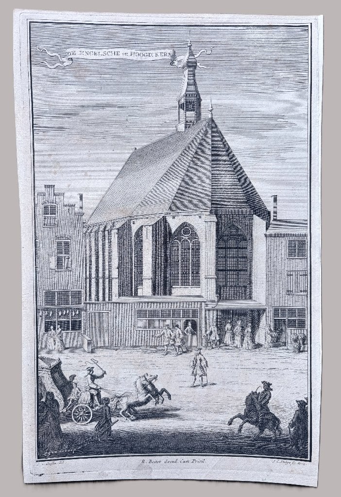 (ca. 1730) De Engelsche en Hoogduitsche Kerk- Reinier Boitet, Verzenden, Stadsgezicht, 19 cm, 29 cm