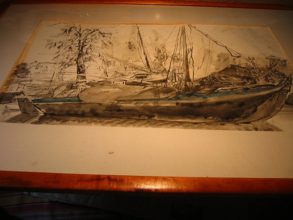 Tekening Boten in haven Waterland, Antiek en Kunst, Kunst | Tekeningen en Foto's, Ophalen