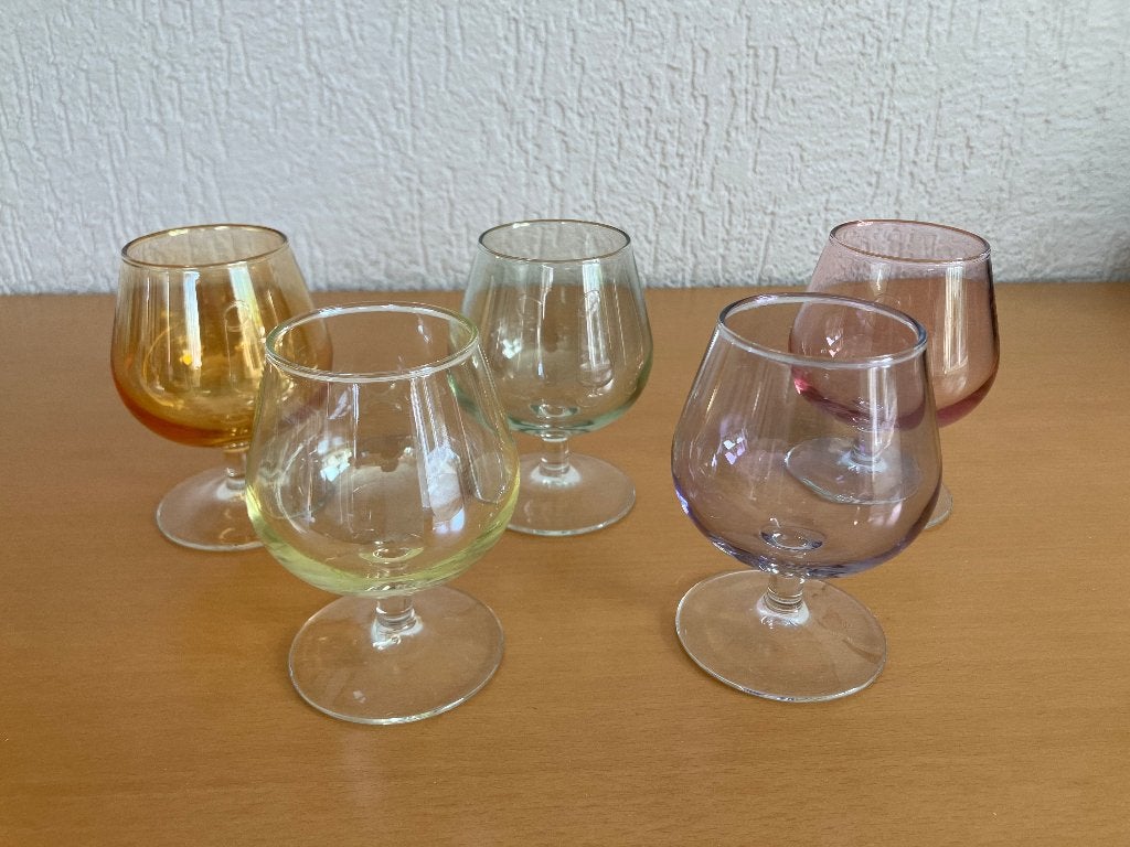 5 Vintage Franse iriserende veelkleurige cognacglazen , Ophalen of Verzenden