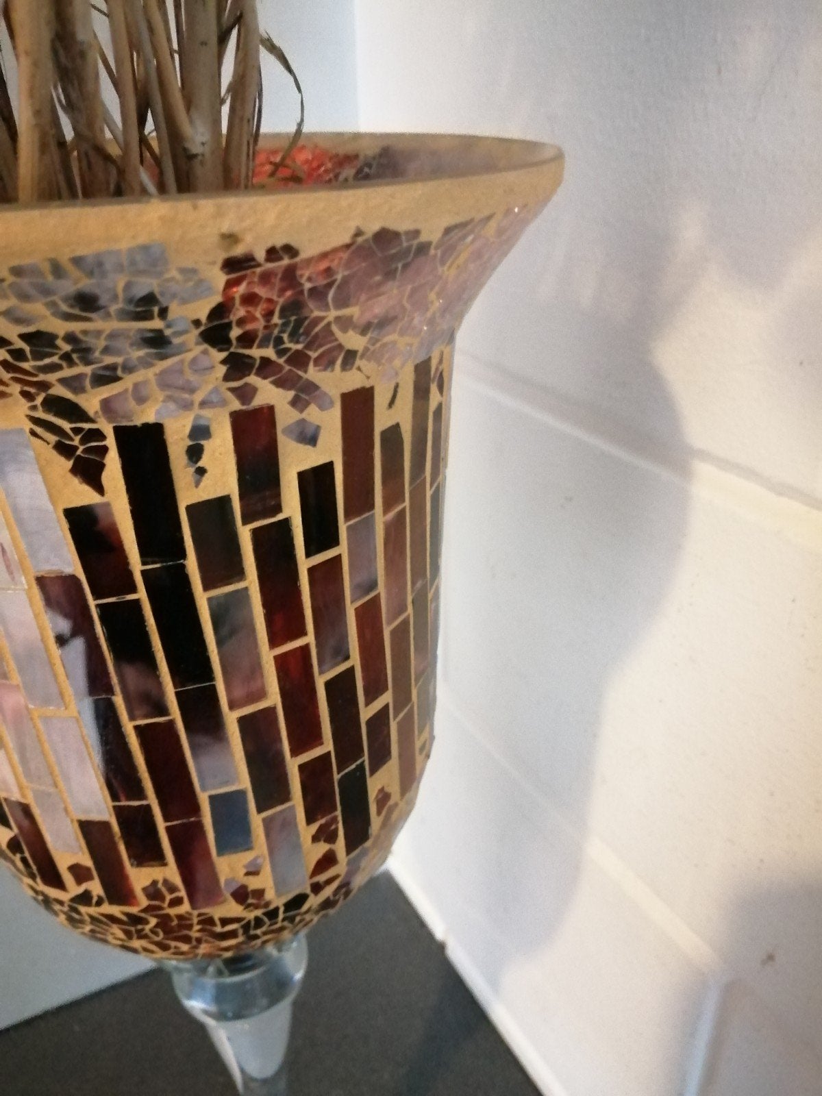 Xxl oude glazen vaas ingelegde mozaïek 52x21 cm mooie staat, Ophalen of Verzenden