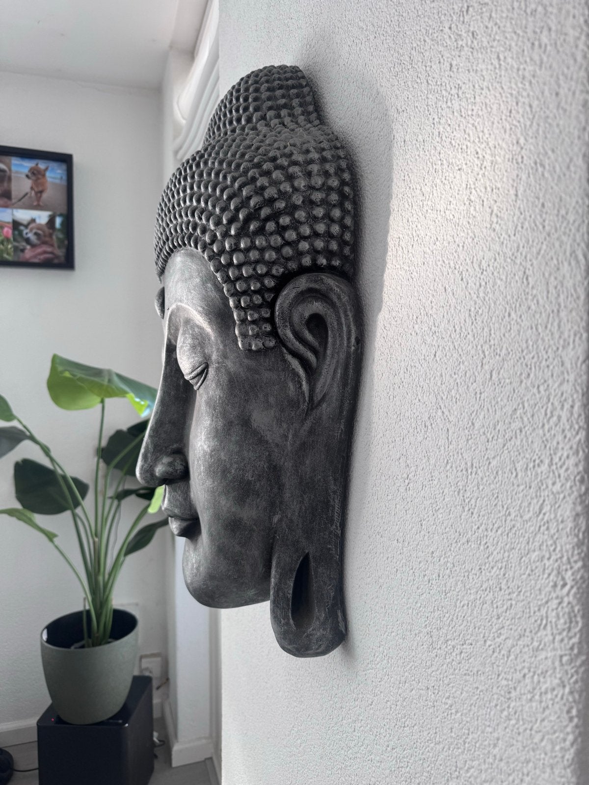 €75 Groot Boeddha Hoofd Wanddecoratie - Grijs/Zilver, Ophalen of Verzenden, Zo goed als nieuw, Composieten, Grijs