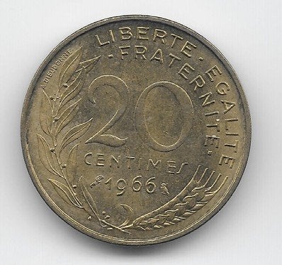 Frankrijk 20 centimes 1966 KM# 930, Verzenden, Frankrijk, Losse munt