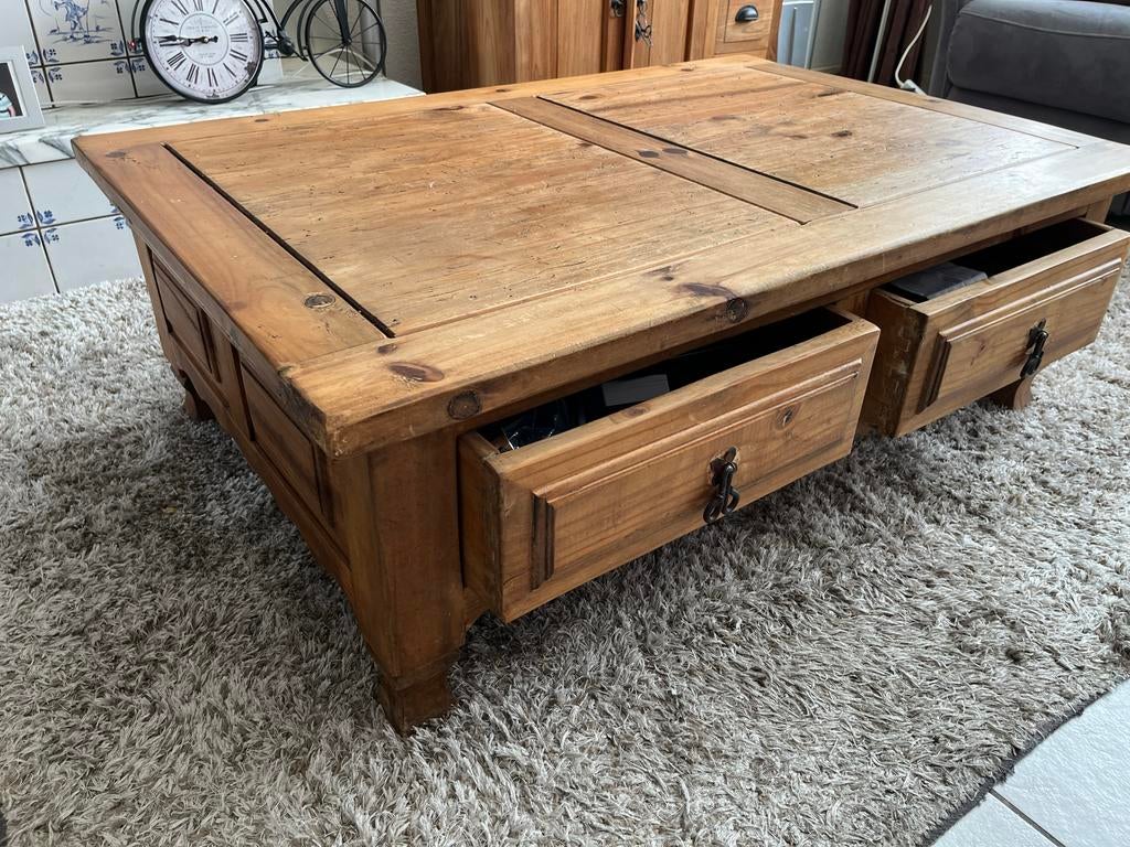 Robuuste houten salontafel met lades, Ophalen, Gebruikt, 100 tot 150 cm, 50 tot 100 cm