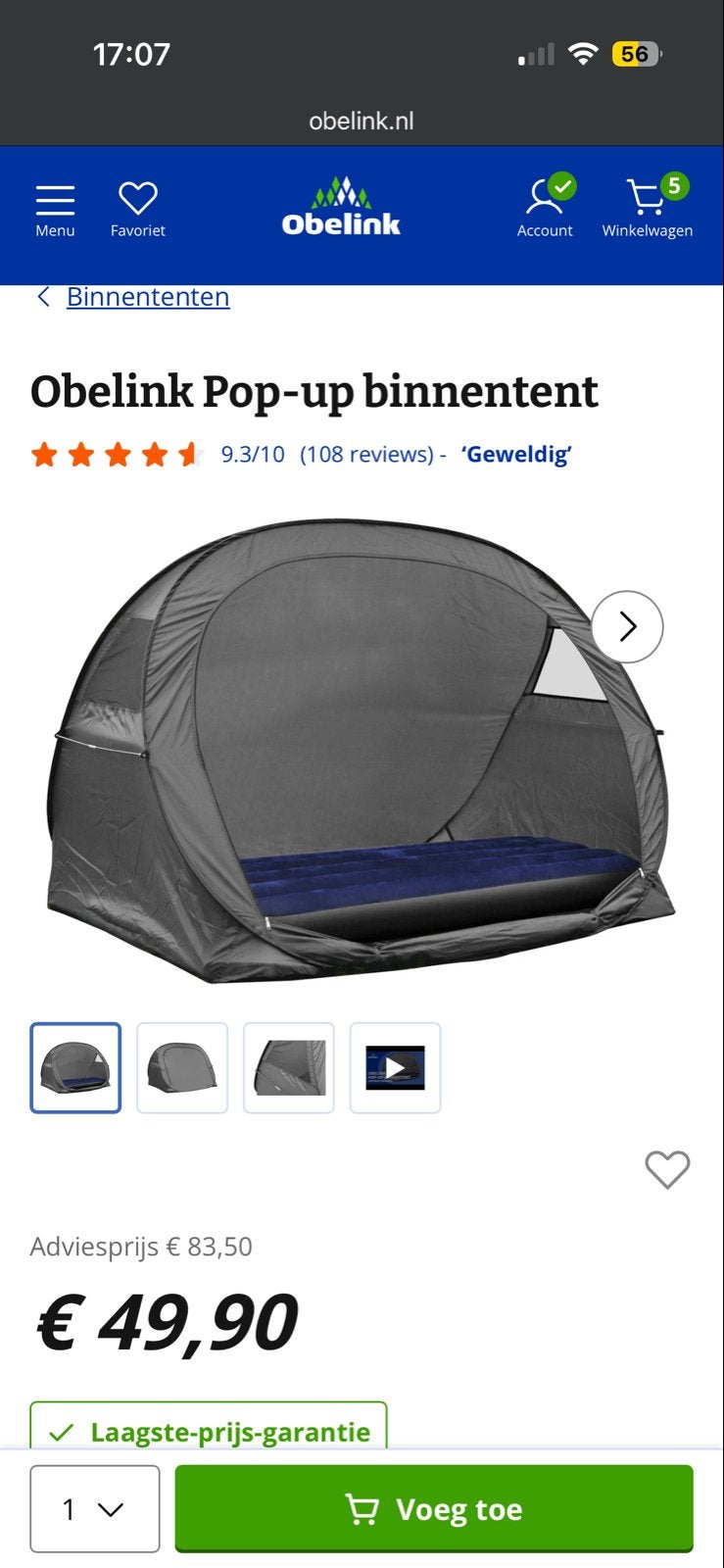 Obelink Pop-up binnentent - 2 stuks beschikbaar, Ophalen, Zo goed als nieuw, Tot en met 2