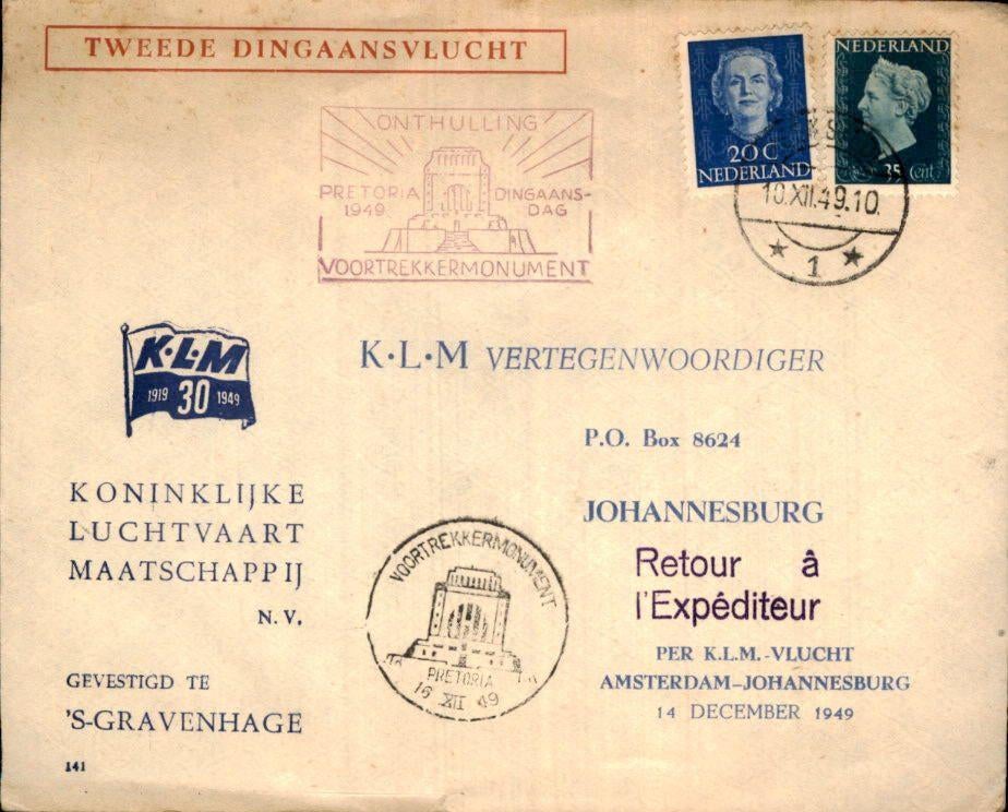 Joannesburg - Amsterdam - FFC - KLM - 1949, Verzenden, Envelop