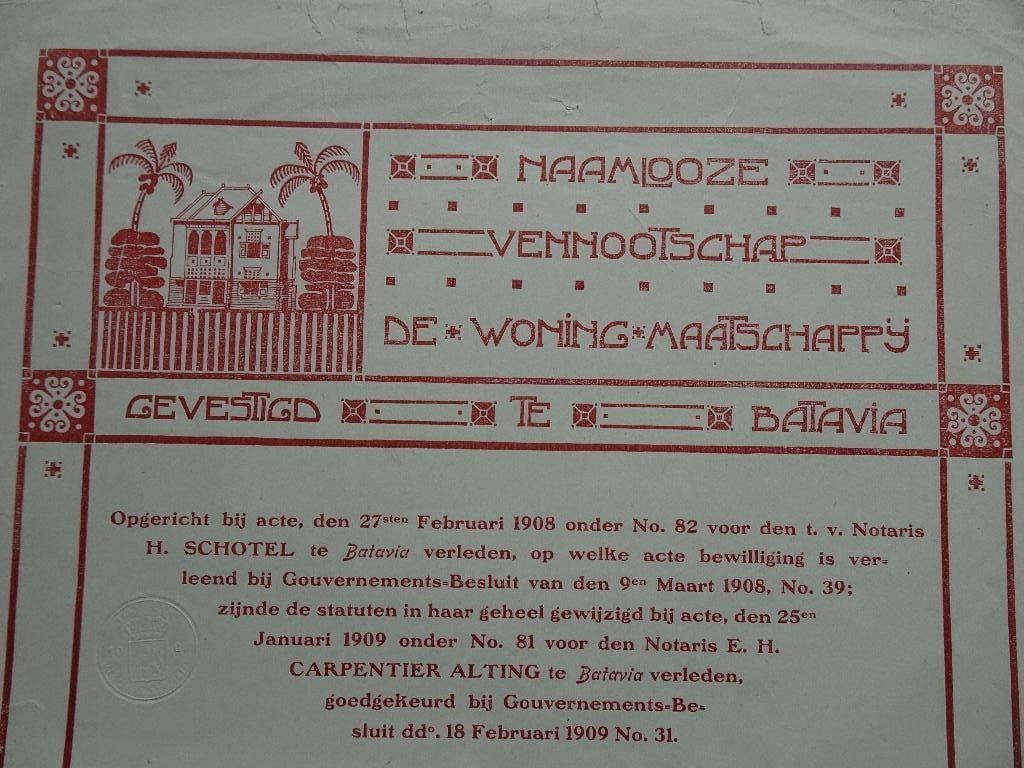 Aandeel Vennootschap "De Goede Woning" Batavia 1909, Postzegels en Munten, Ophalen of Verzenden, Voor 1920, Aandeel