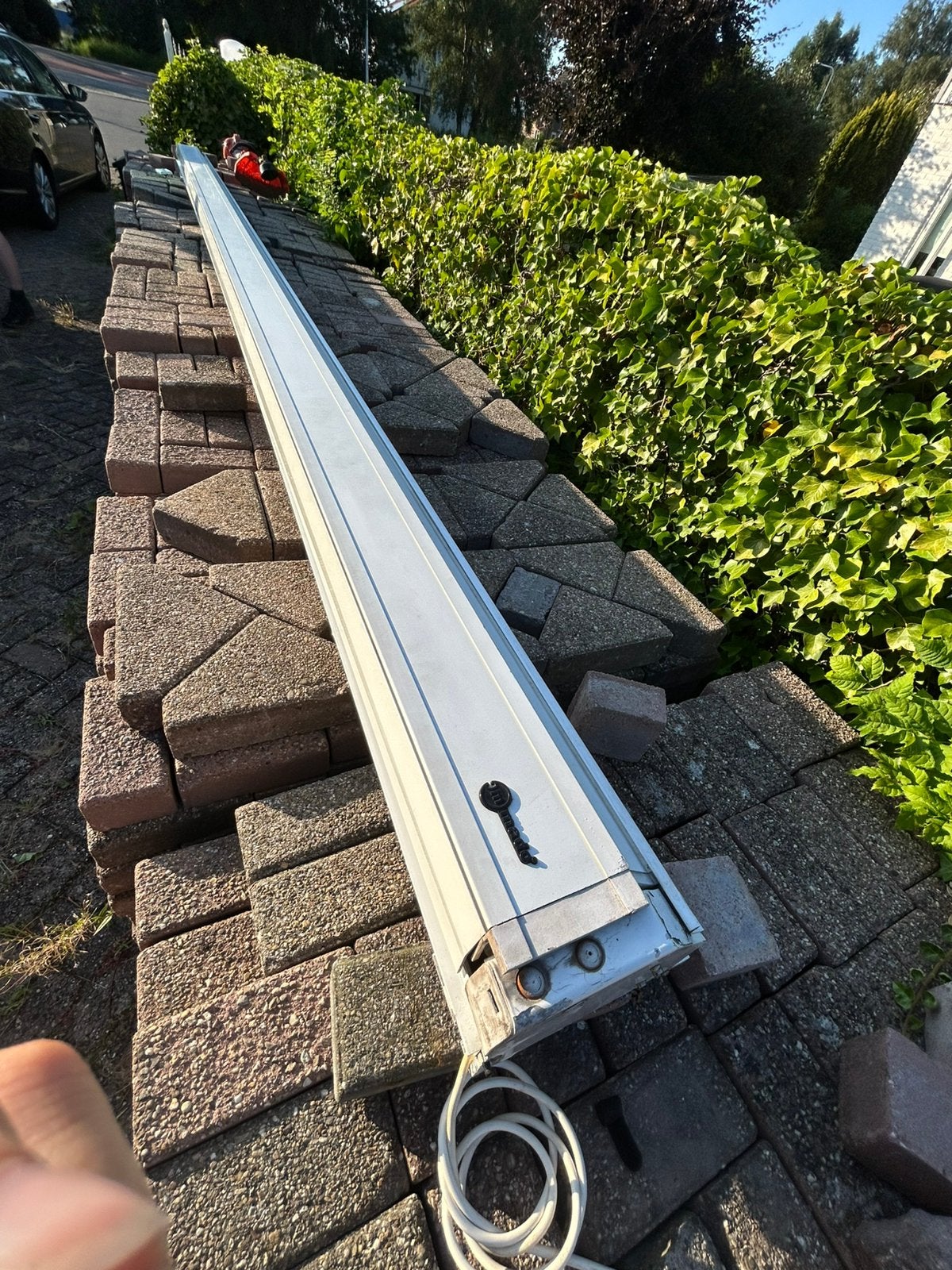 Zonnenscherm 5 meter oranje doek, Tuin en Terras, Ophalen, 450 cm of meer, Elektrisch, Zo goed als nieuw