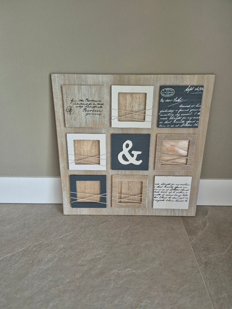 Houten fotobord met 9 vakken - Landelijke stijl, Ophalen of Verzenden, Fotobord, 40 cm, Meerkleurig