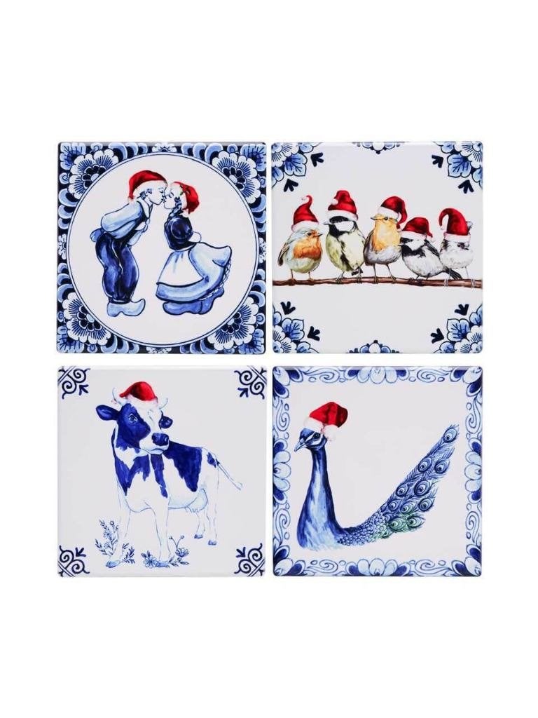 Heinen Delfts Blauw onderzetters Kerst set van 4, Overige merken, Keramiek, Overige typen, Ophalen of Verzenden