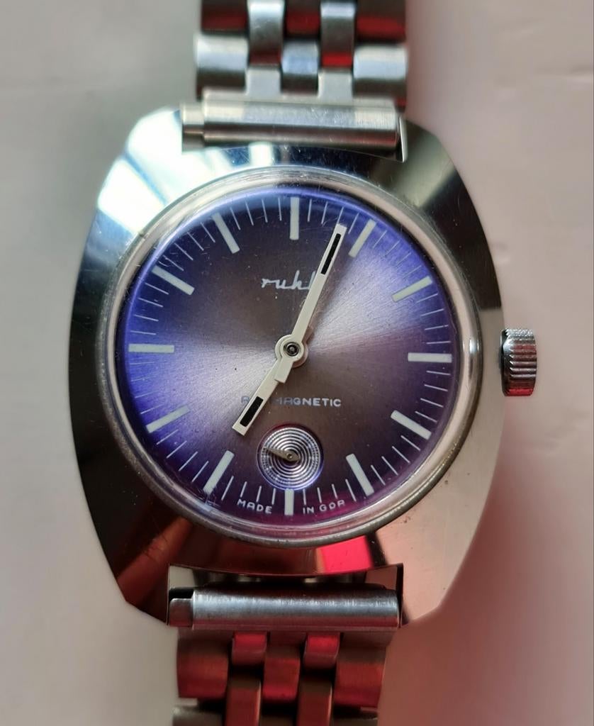 Ruhla pols horloge met mooie blauwe wijzerplaat werkt, Staal, Met bandje, Polshorloge, 1960 of later