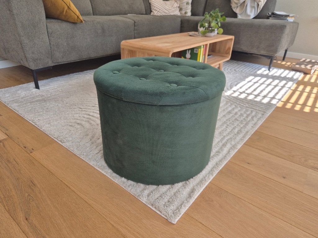 Velvet poef (donker groen) met opbergruimte, Ophalen, Minder dan 50 cm, Rond, Minder dan 50 cm