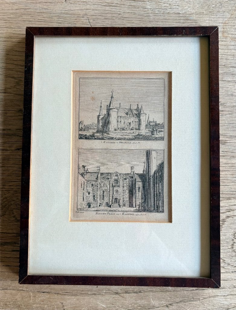 Antieke Gravure: Kasteel Helmond en Binnenplein, Stadsgezicht, 17 cm, Ophalen of Verzenden, Ingelijst